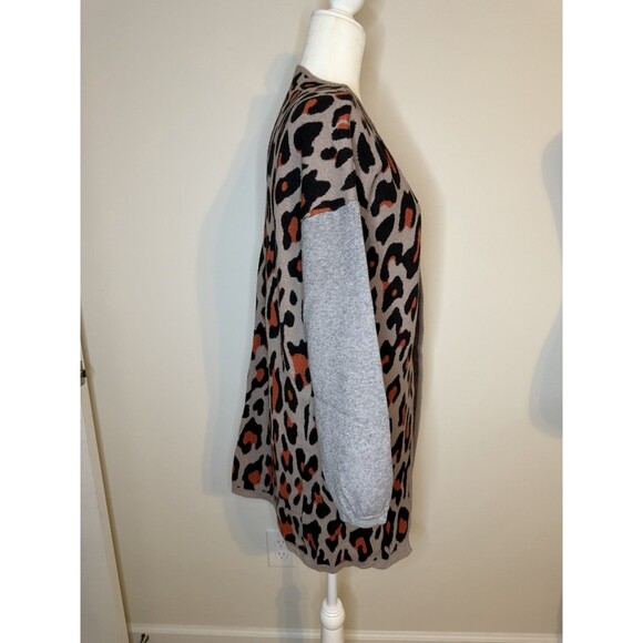 THML Leopard Print Cardigan Sweater Long Open Front Beige Black Orange Sz L - Picture 3 of 7